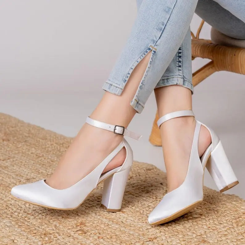 WhiTe Handmade Satin Women Heels – close-up