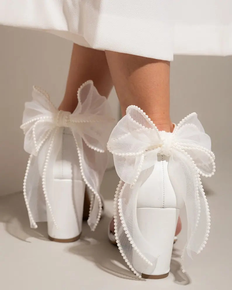 White Leather Block Heel Sandals with ORGANZA BACK BOW - Women Wedding Shoes, Bridesmaids Shoes, Bridal Shoes, Holiday Shoes Sample Product