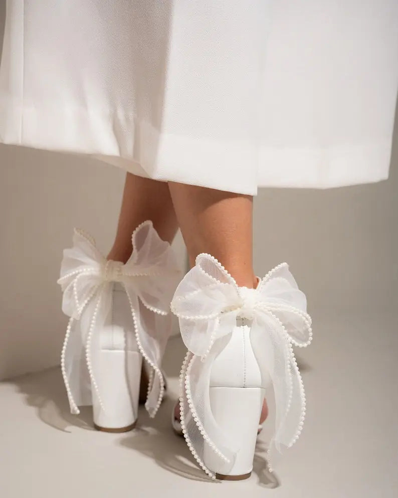 White Leather Block Heel Sandals with ORGANZA BACK BOW - Women Wedding Shoes, Bridesmaids Shoes, Bridal Shoes, Holiday Shoes Sample Product