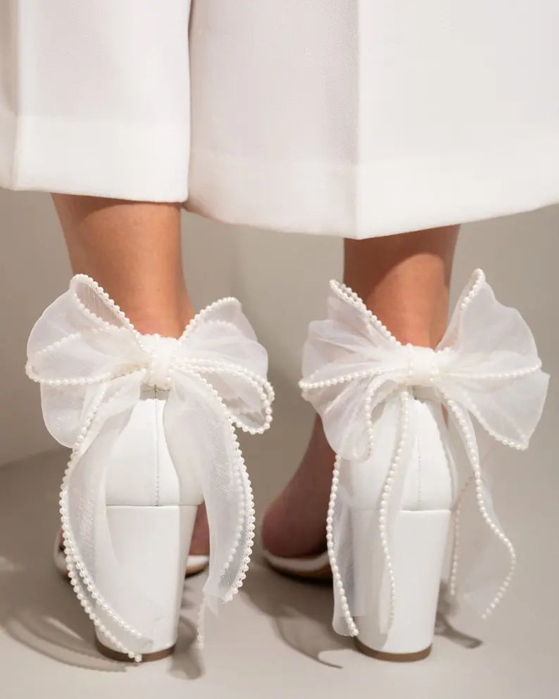 White Leather Block Heel Sandals with ORGANZA BACK BOW - Women Wedding Shoes, Bridesmaids Shoes, Bridal Shoes, Holiday Shoes Sample Product