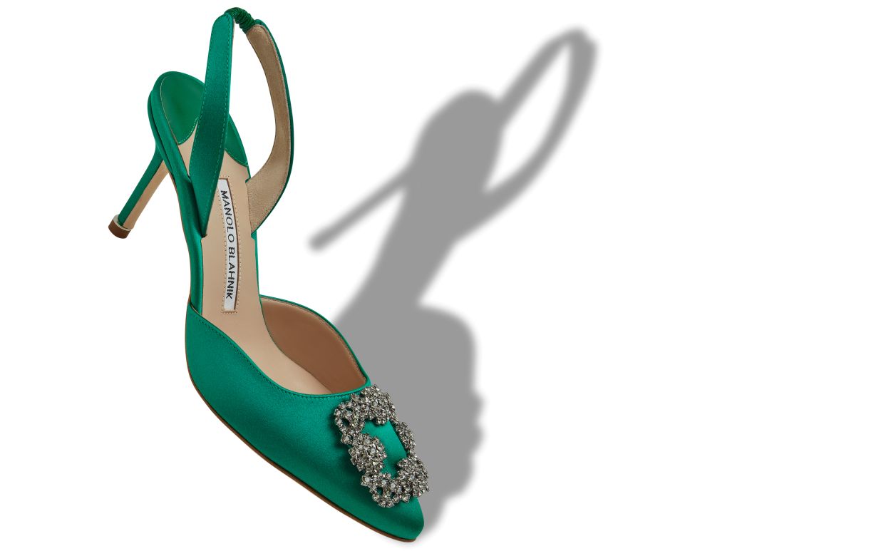 Emmeline Belle Green Jewel Buckle Slingbacks – front three-quarter view showing green jewel buckle, crystal buckle, ankle…