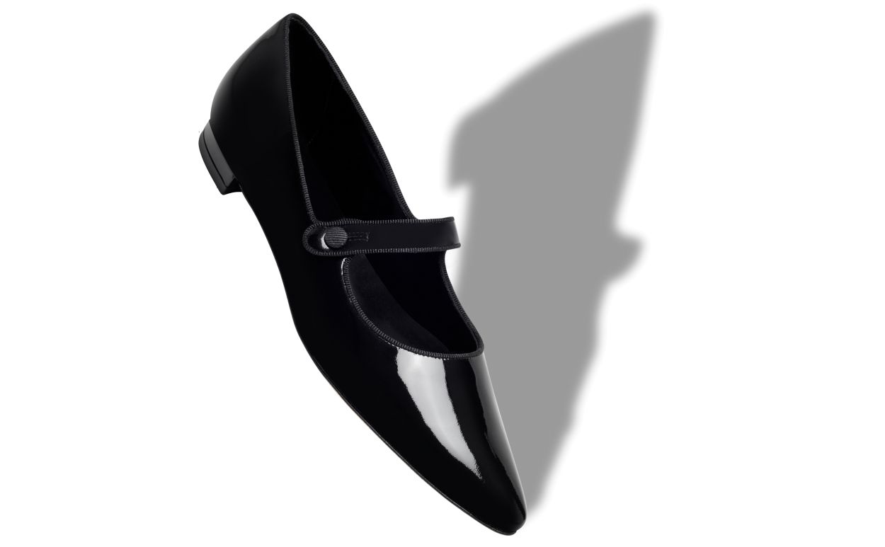 Ophelia Pearl Black Pointed Toe Mary Jane Shoes – front three-quarter view showing black pointed toe, patent leather…