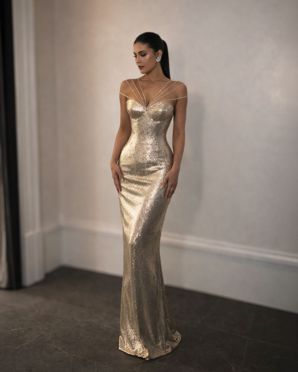 Gold Liquid Sequin Gown with Crystal Strap Detail - SimmiUnique