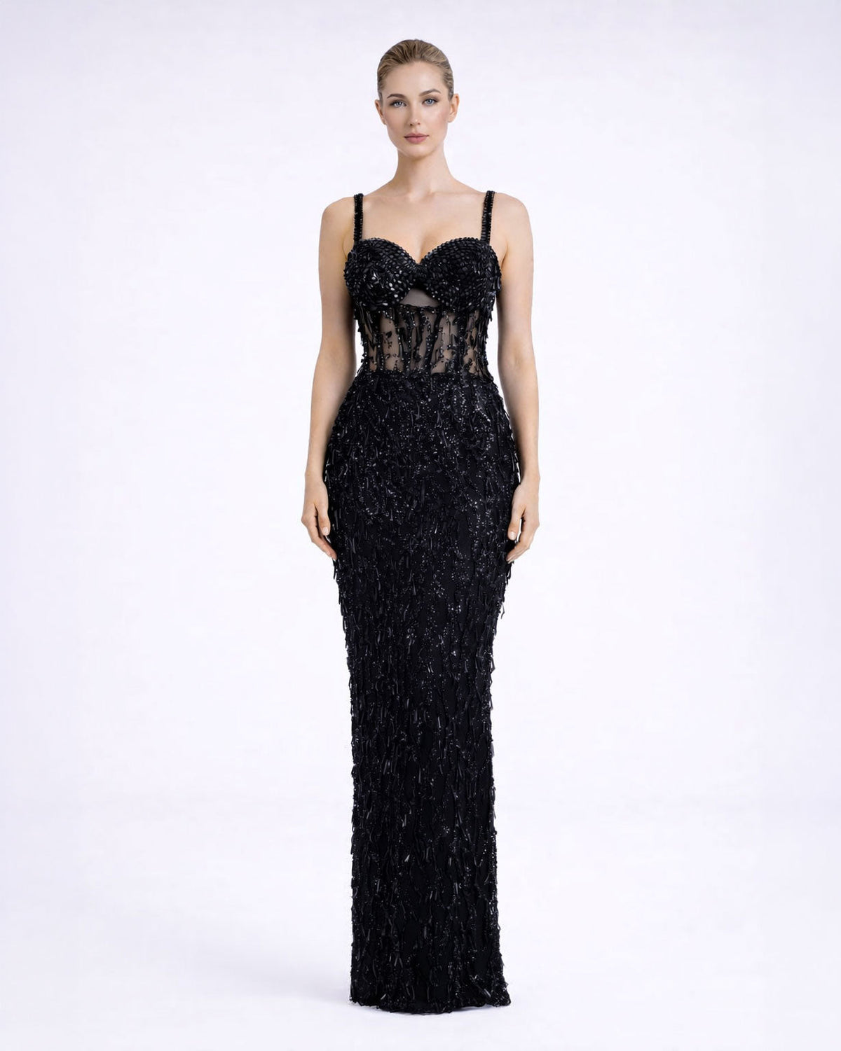 Black Embellished Illusion Corset Evening Gown - SimmiUnique