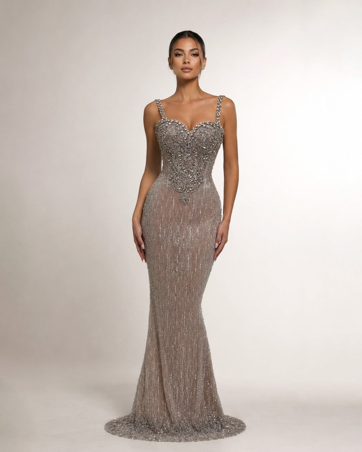 Silver Crystal Beaded Corset Mermaid Gown - SimmiUnique