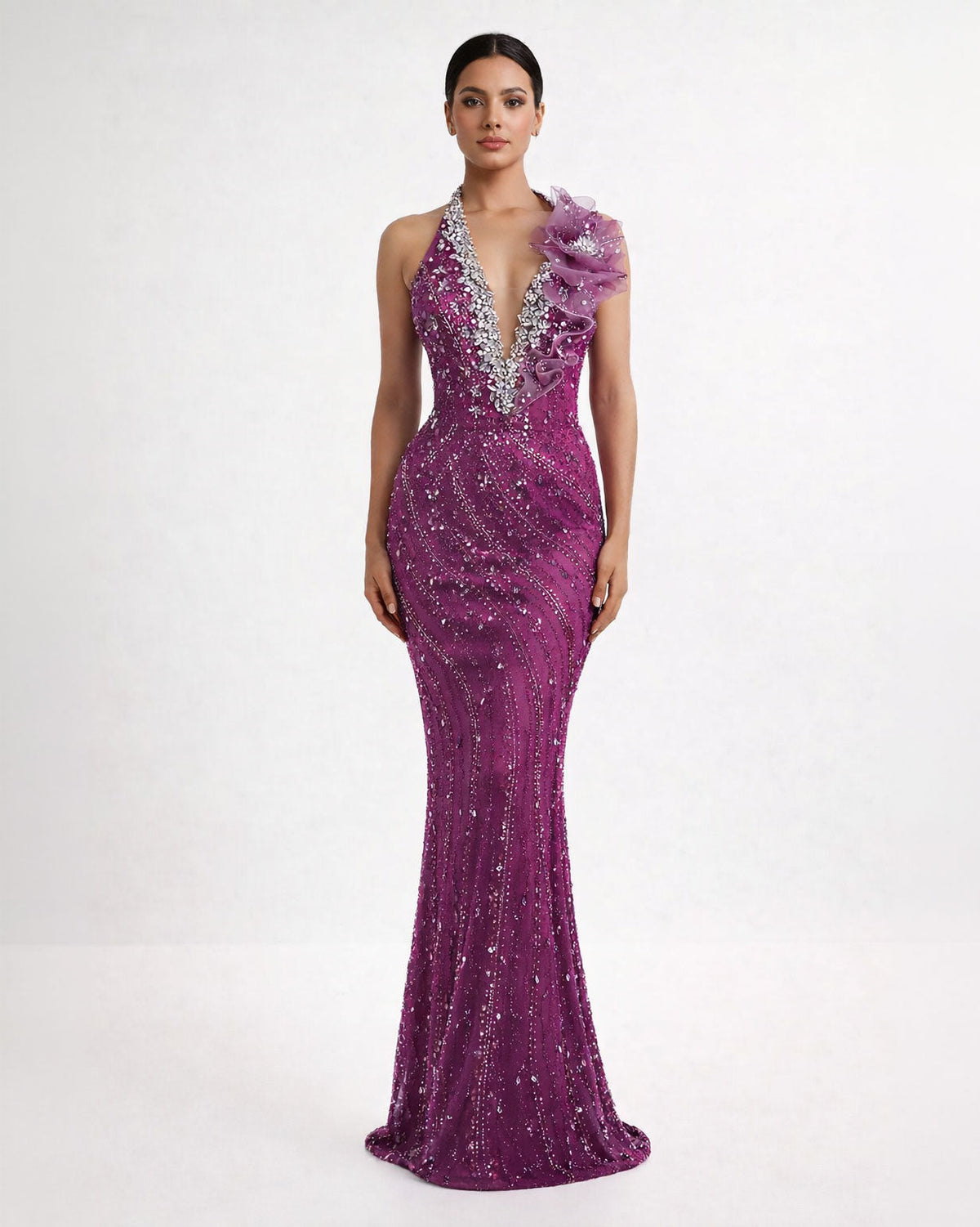 Purple Crystal Halter Mermaid Gown - SimmiUnique
