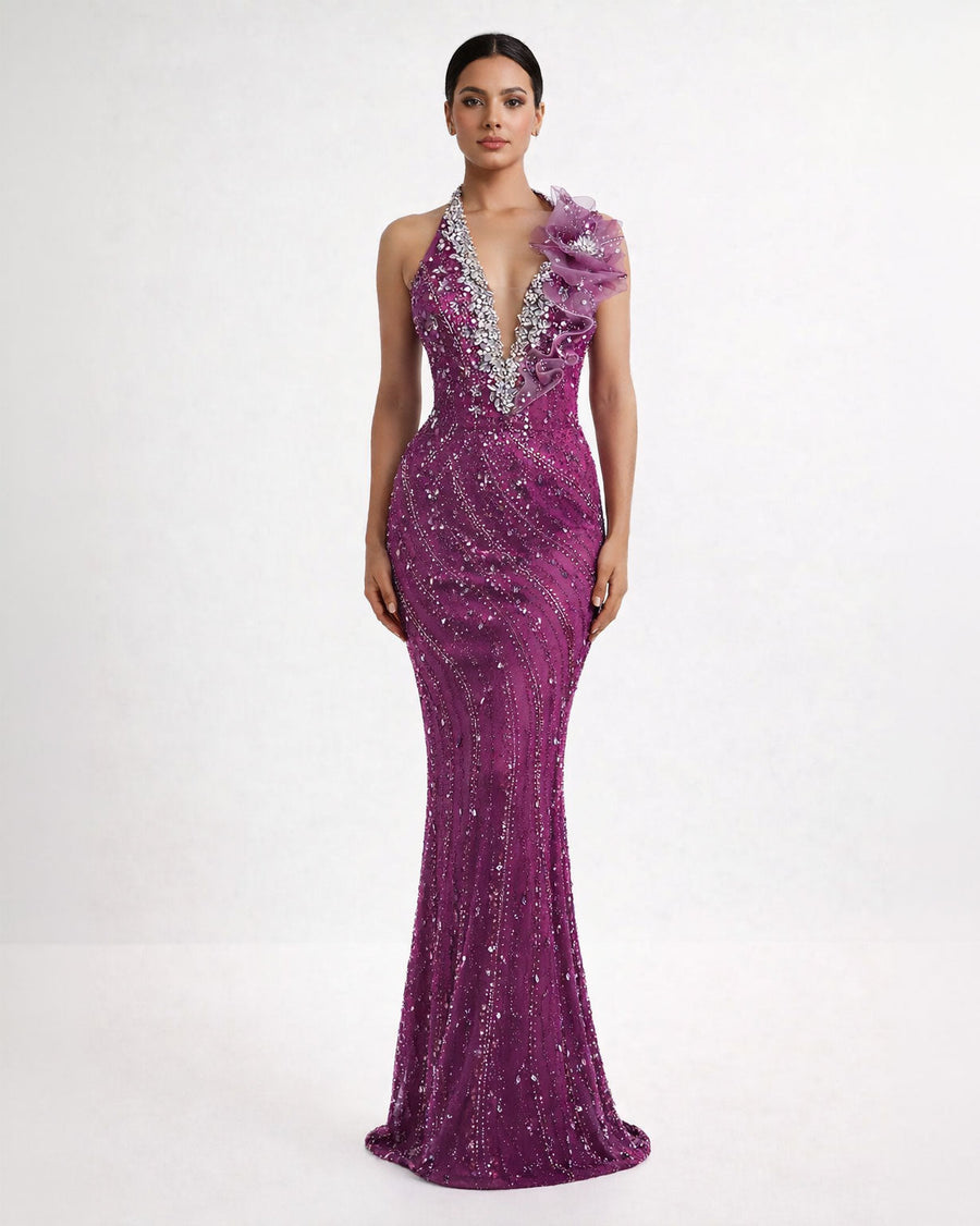 Purple Crystal Halter Mermaid Gown
