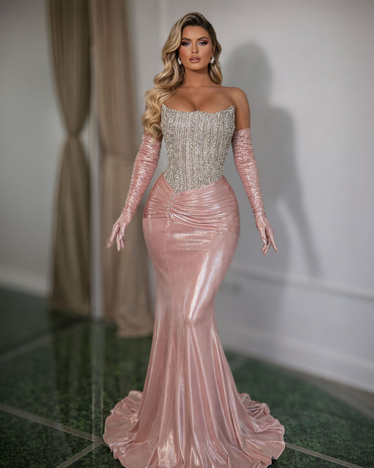 Blush Pink Crystal Corset Mermaid Evening Gown with Gloves - SimmiUnique