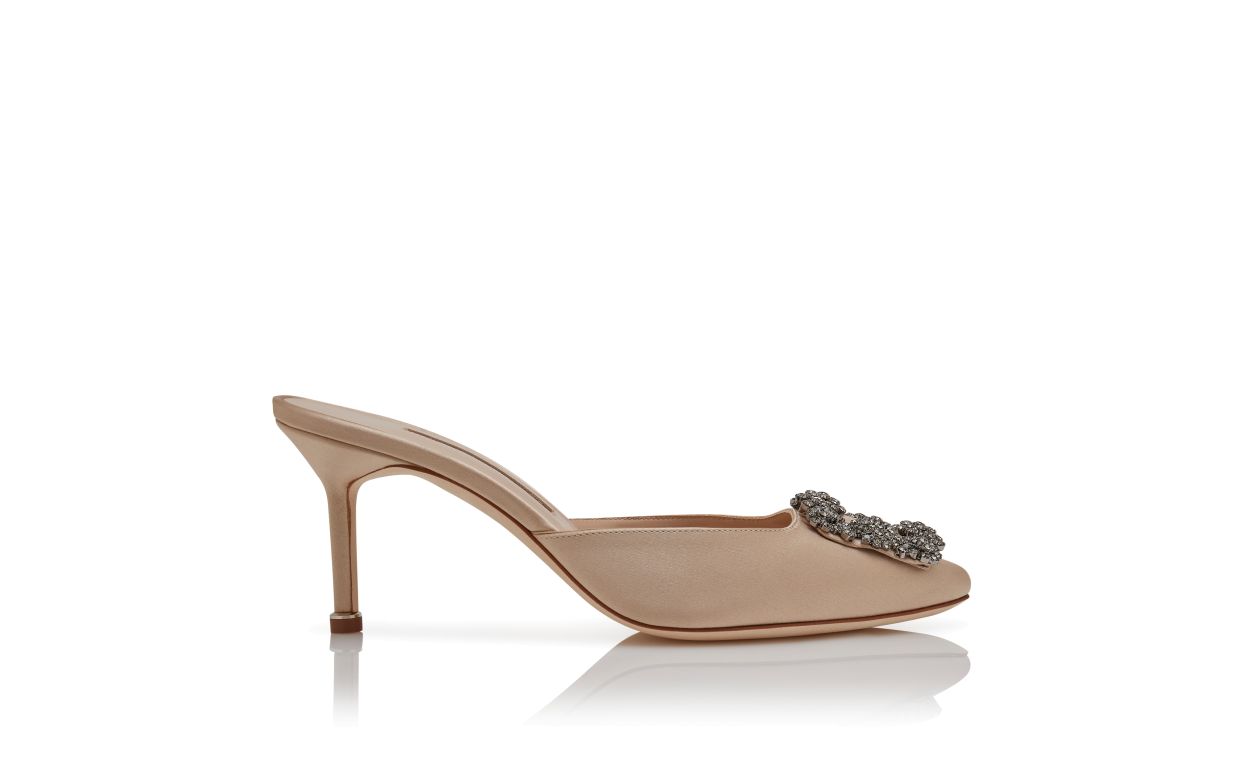 Marcella Crown Neutral Jewel Buckle Mules – side profile showing neutral jewel buckle, crystal buckle, almond toe, satin…