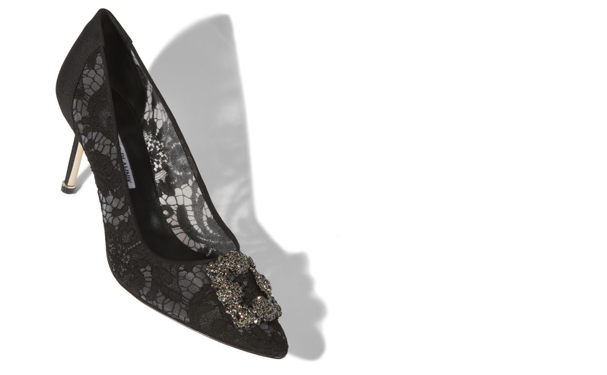 Ophelia Élan Black Jewel Buckle Pumps – front three-quarter view showing black jewel buckle, crystal buckle, almond toe…