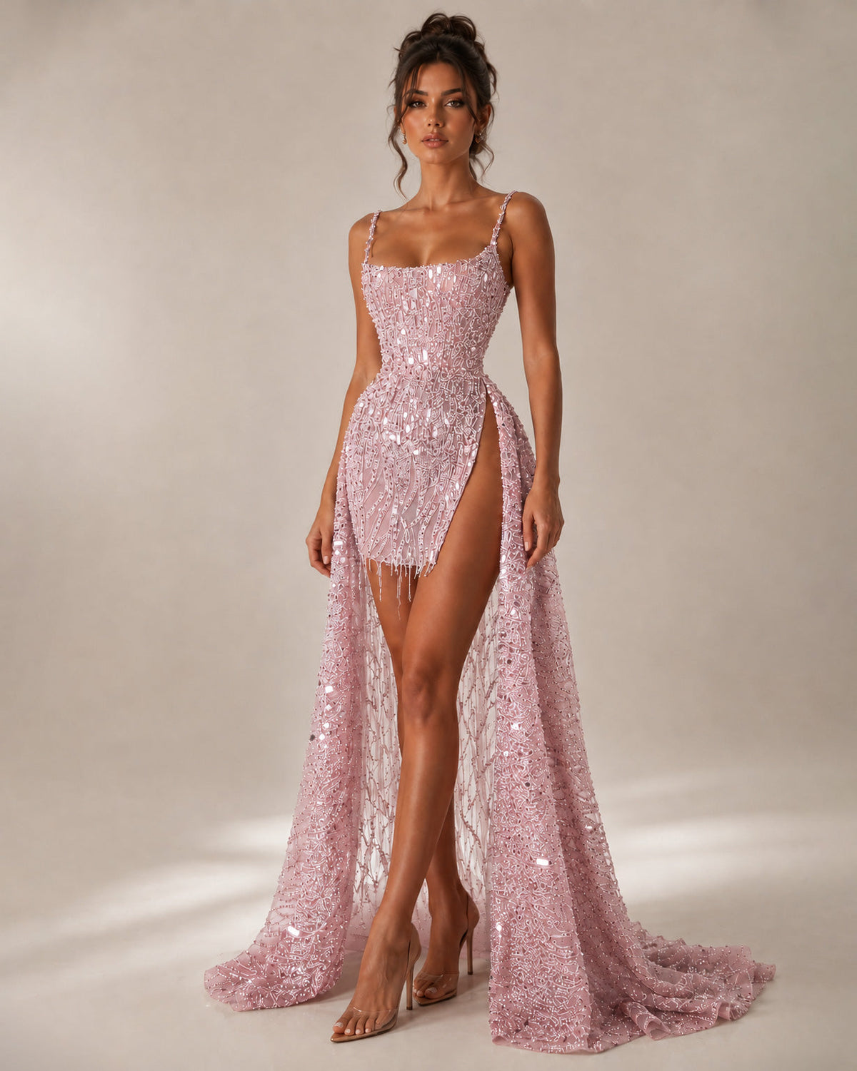 Blush Pink Beaded Corset Mini Dress with Overskirt - image 2