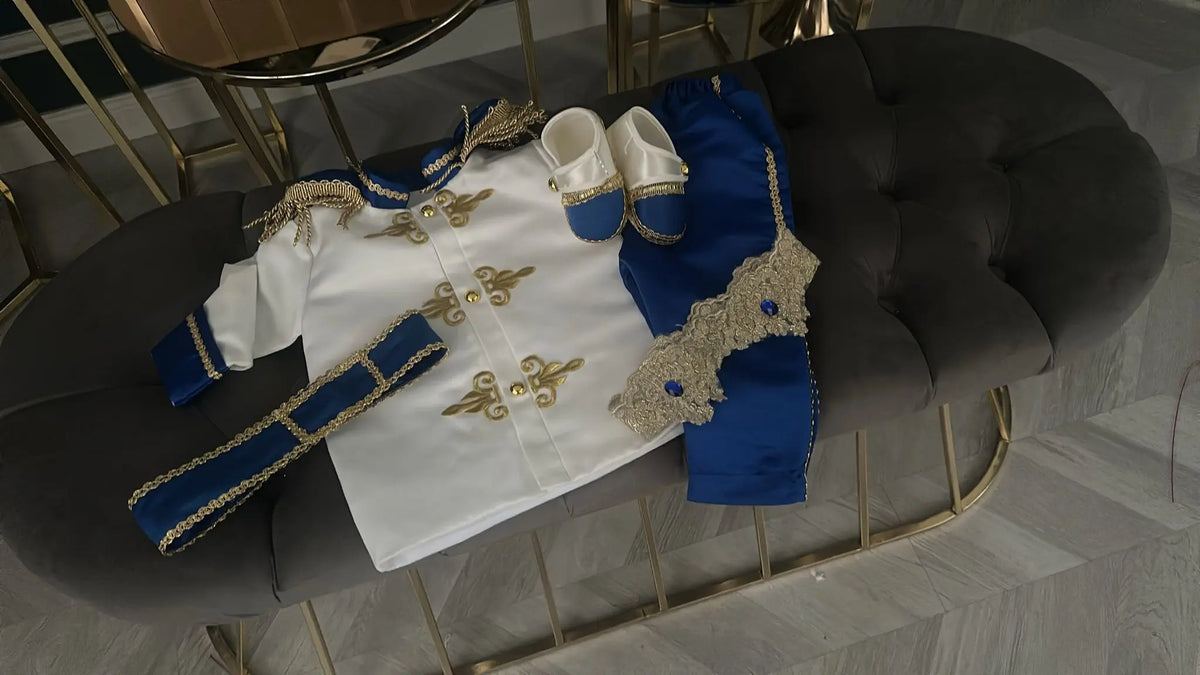 Gold blue toddler prince costume side view