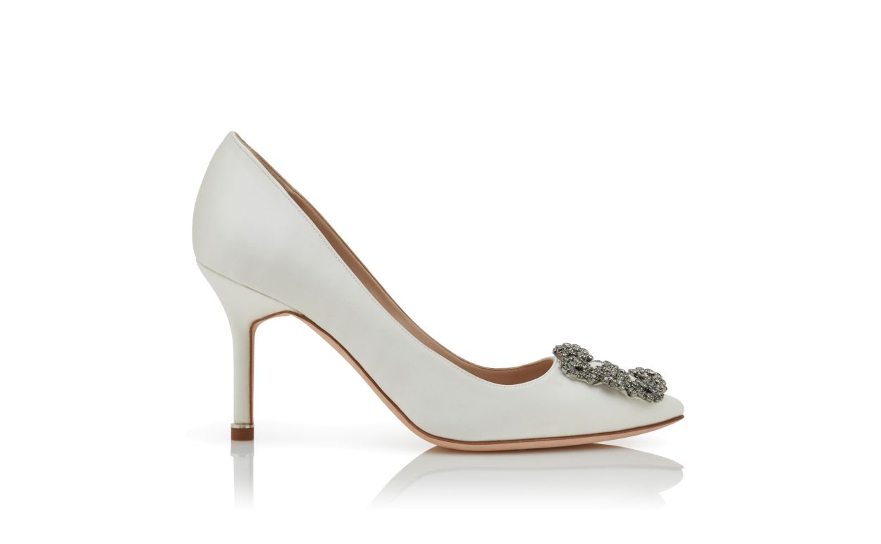 Bianca Élan White Jewel Buckle Pumps – side profile showing white jewel buckle, crystal buckle, almond toe, satin…