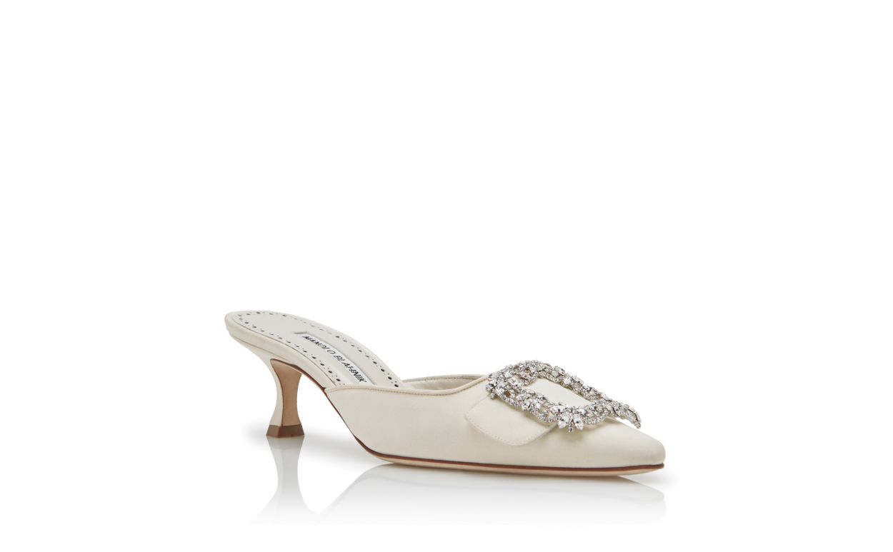 Delphine Bloom White Jewel Buckle Mules – top view showing white jewel buckle, crystal buckle, almond toe, SimmiUnique