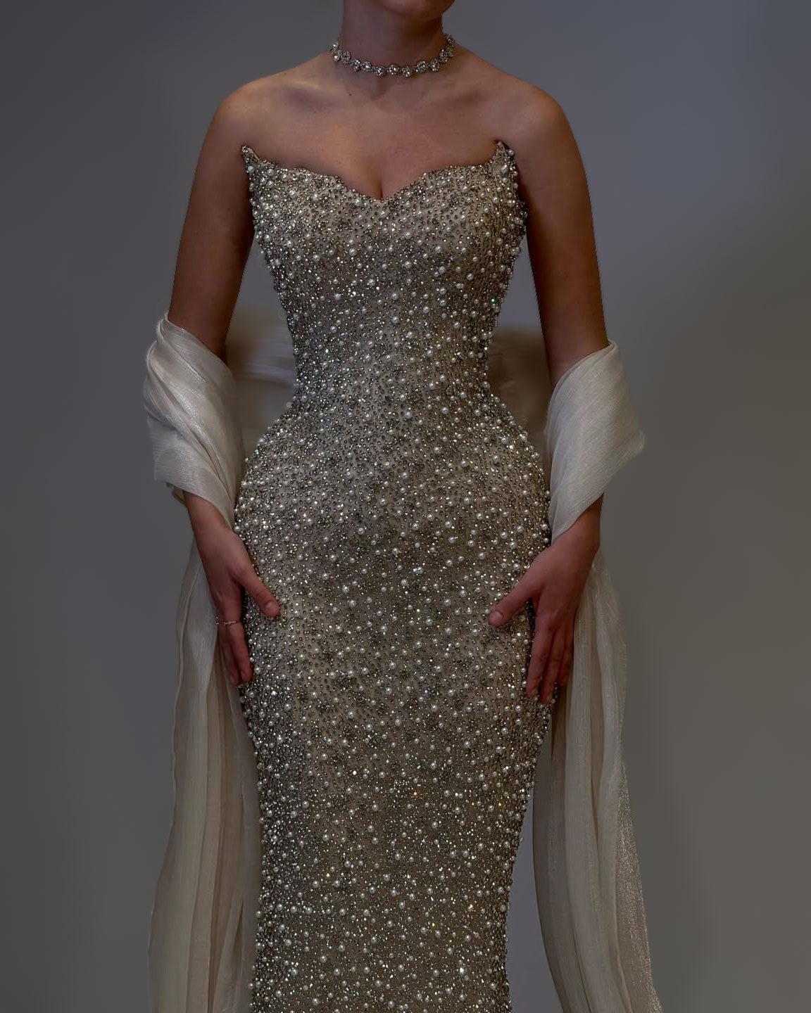 Champagne Crystal Strapless Couture Gown - image 3