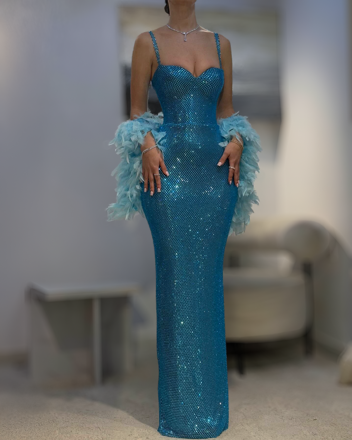 Ocean Blue Crystal Column Gown With Feather Stole - SimmiUnique