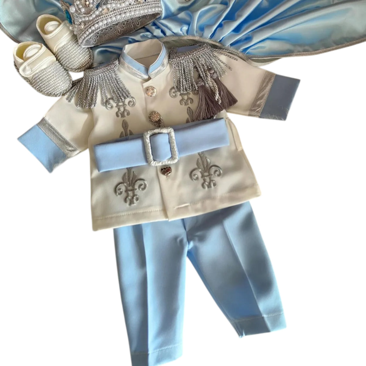 Luxury Baby Boy Outfit Silver Prince Birthday Suit – close-up