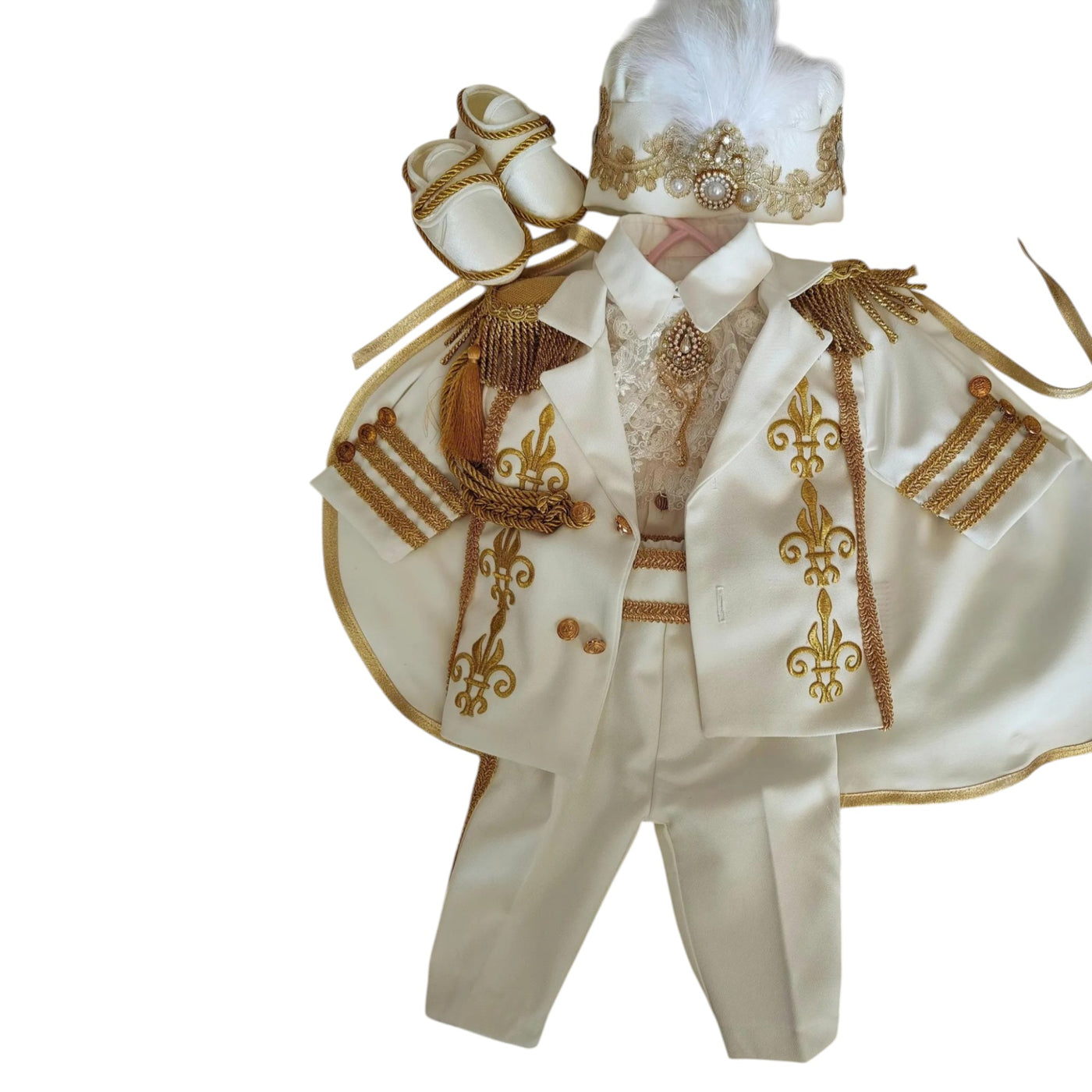 White Gold Prince Outfit – Baby Boy First Birthday Suit, Baptism Costume, Crown Hat Set – side view