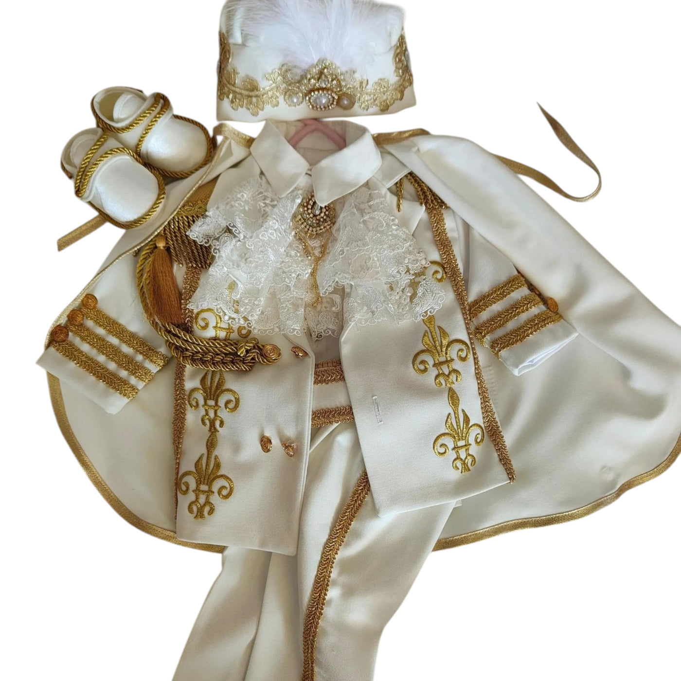 White Gold Prince Outfit – Baby Boy First Birthday Suit, Baptism Costume, Crown Hat Set – photo 8