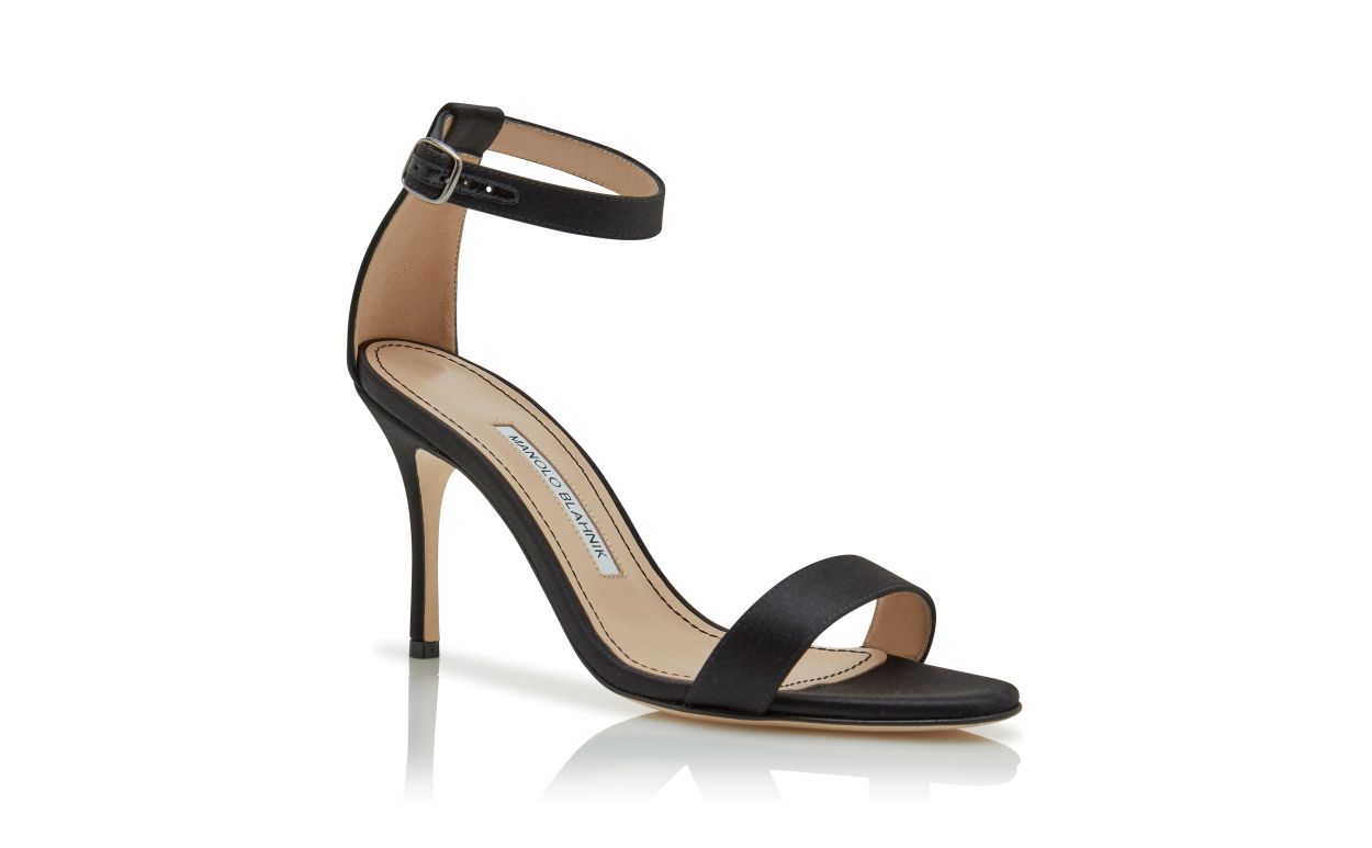 Magnolia Grace Black Ankle Strap Ankle-Strap Shoes – top view showing black ankle strap, open toe, satin, SimmiUnique