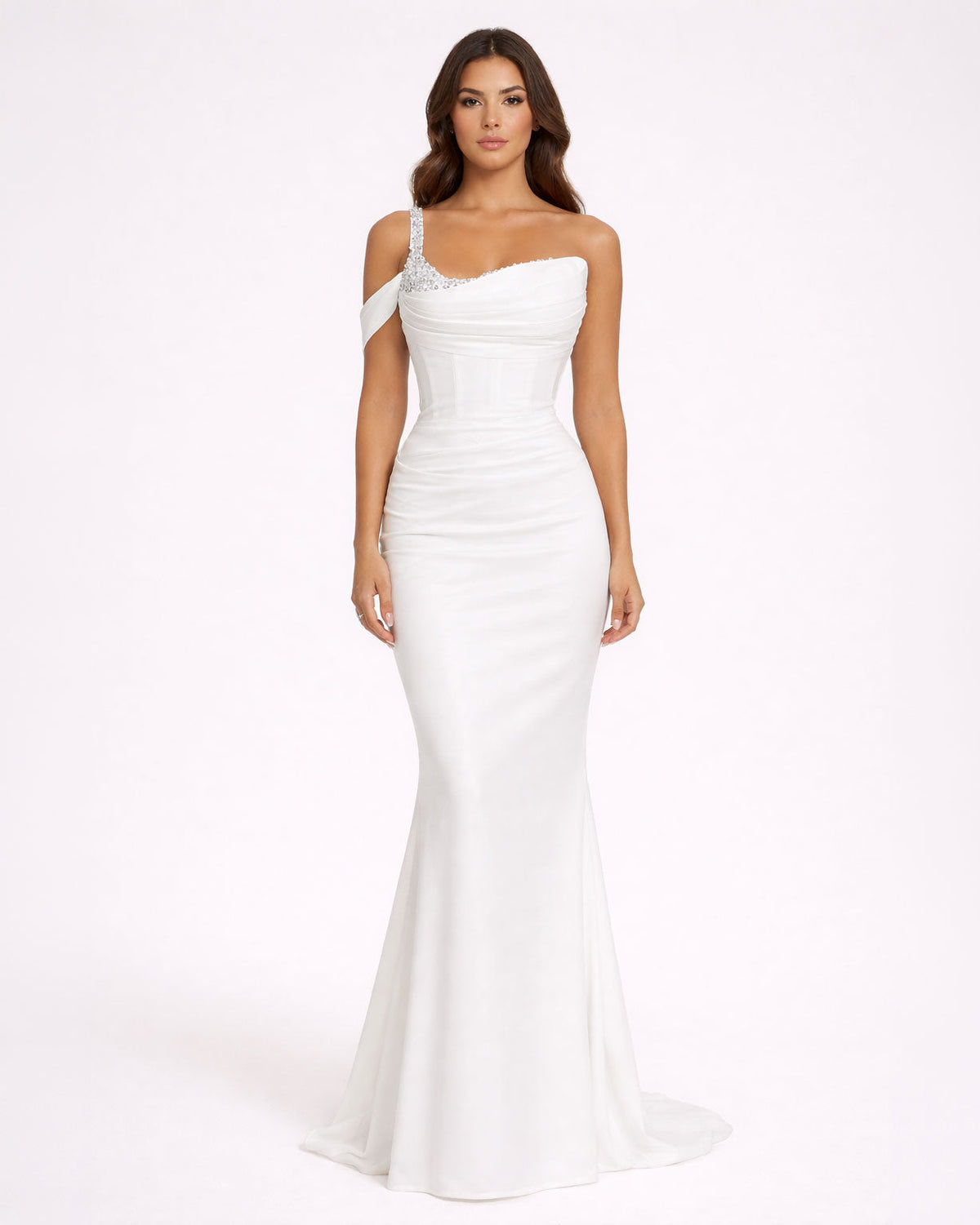 White One-Shoulder Embellished Corset Gown - SimmiUnique
