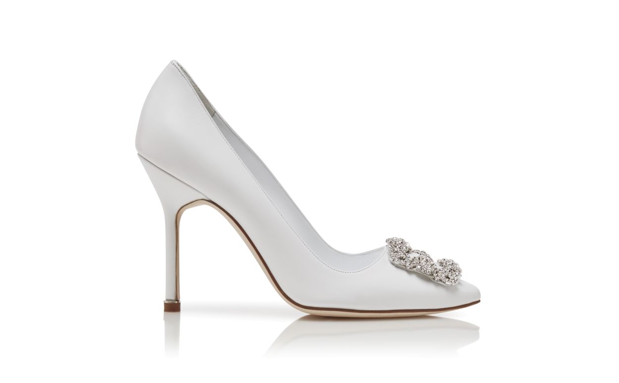 Rosalie Bloom White Jewel Buckle Pumps – side profile showing white jewel buckle, crystal buckle, almond toe, SimmiUnique