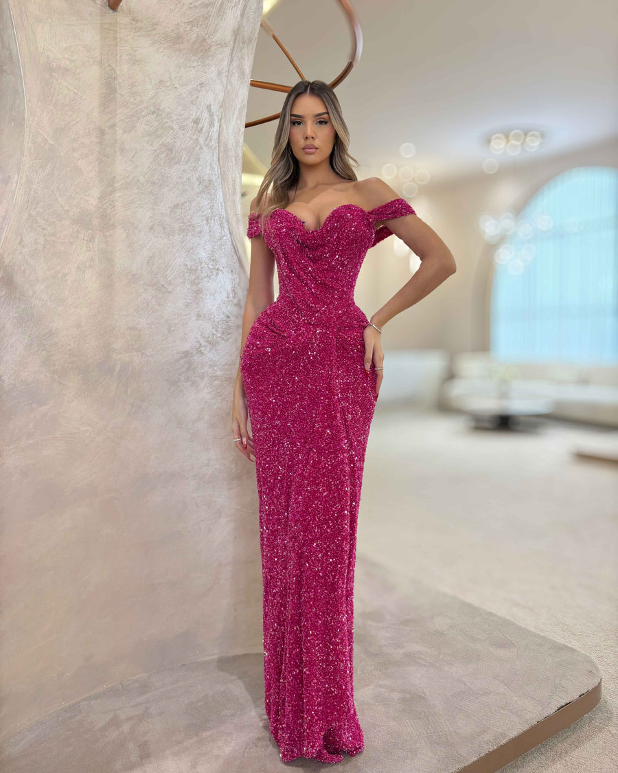 Hot Pink Crystal Evening Gown with Draped Off Shoulder Detail