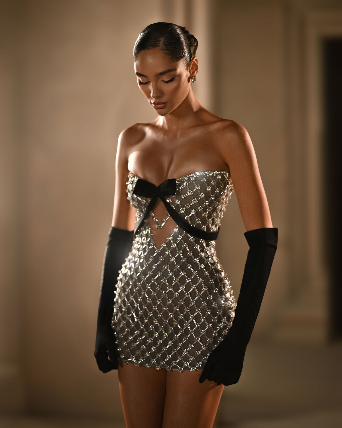 Luxury Crystal Embellished Mini Dress With Black Bow - SimmiUnique