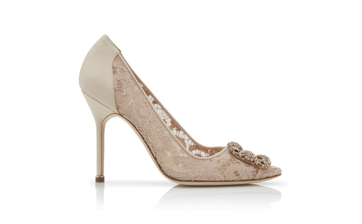 Ophelia Dawn Neutral Jewel Buckle Pumps – side profile showing neutral jewel buckle, crystal buckle, almond toe, satin…