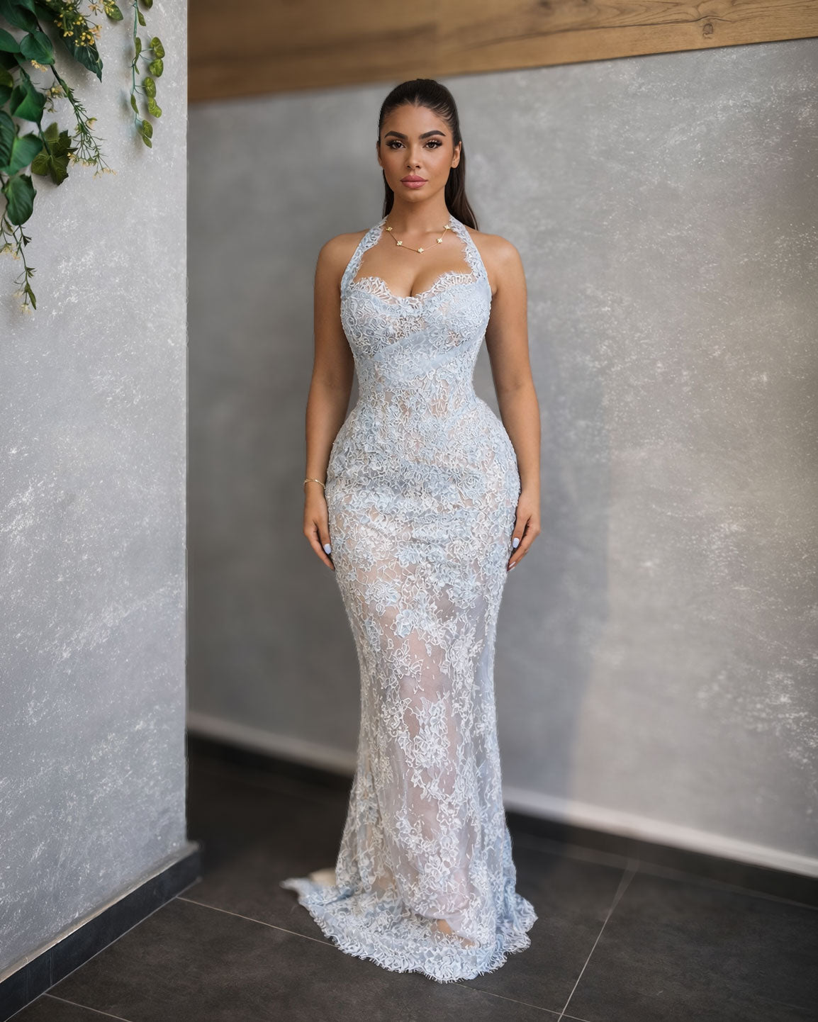 Light Blue Lace Halter Corset Gown with Sheer Detail - SimmiUnique