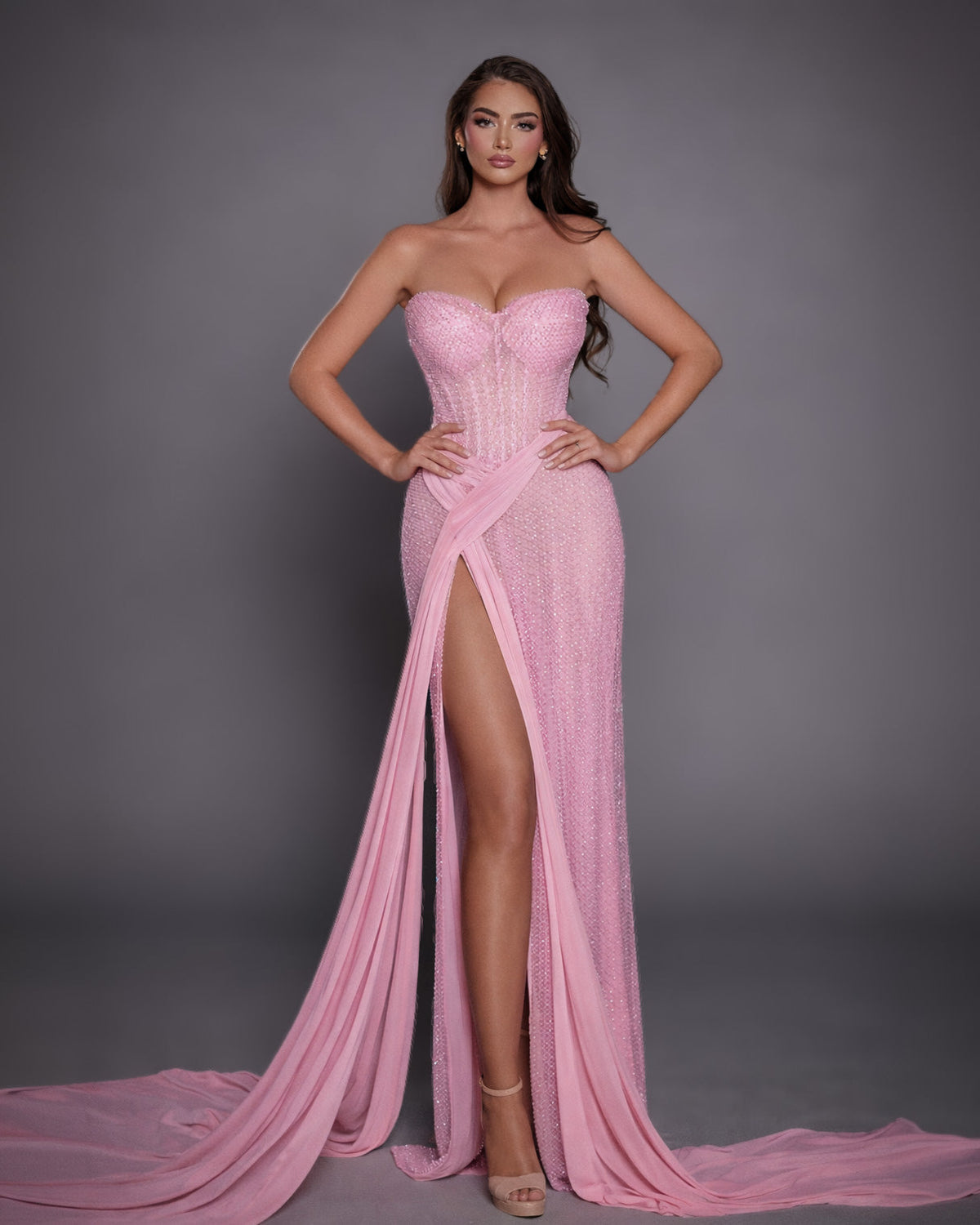 Pink Crystal Corset Gown with Draped Chiffon Panels - SimmiUnique