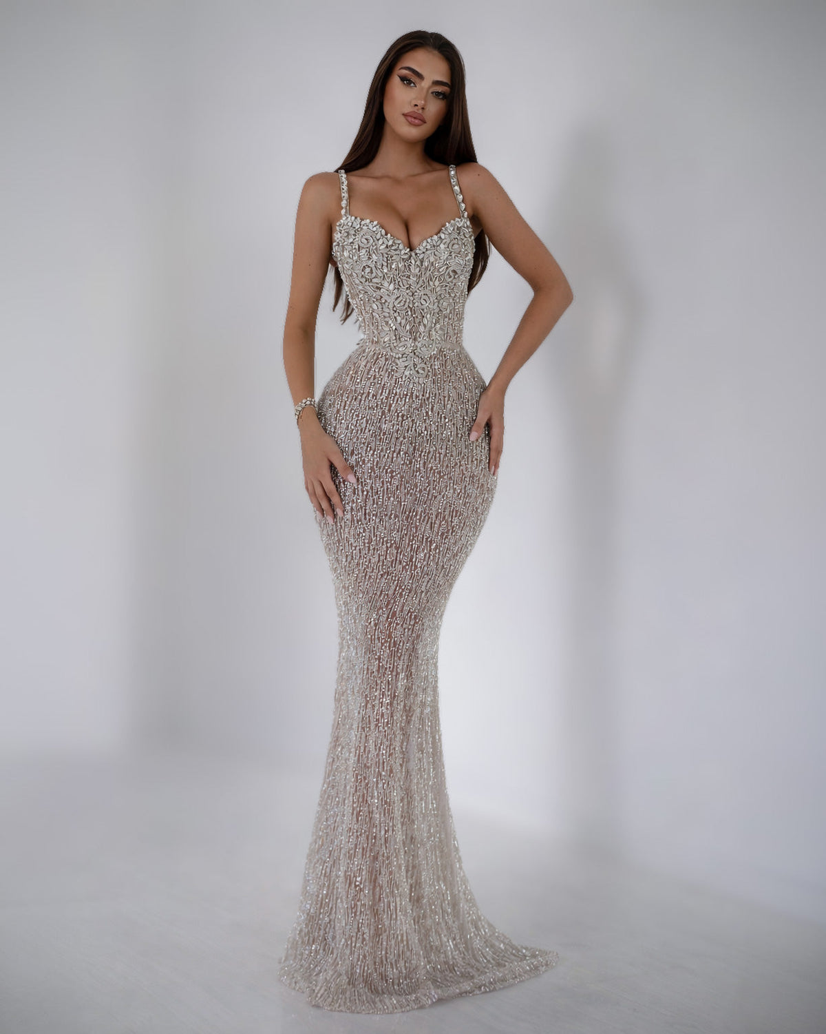 Nude Crystal Corset Mermaid Gown with Beaded Straps - SimmiUnique