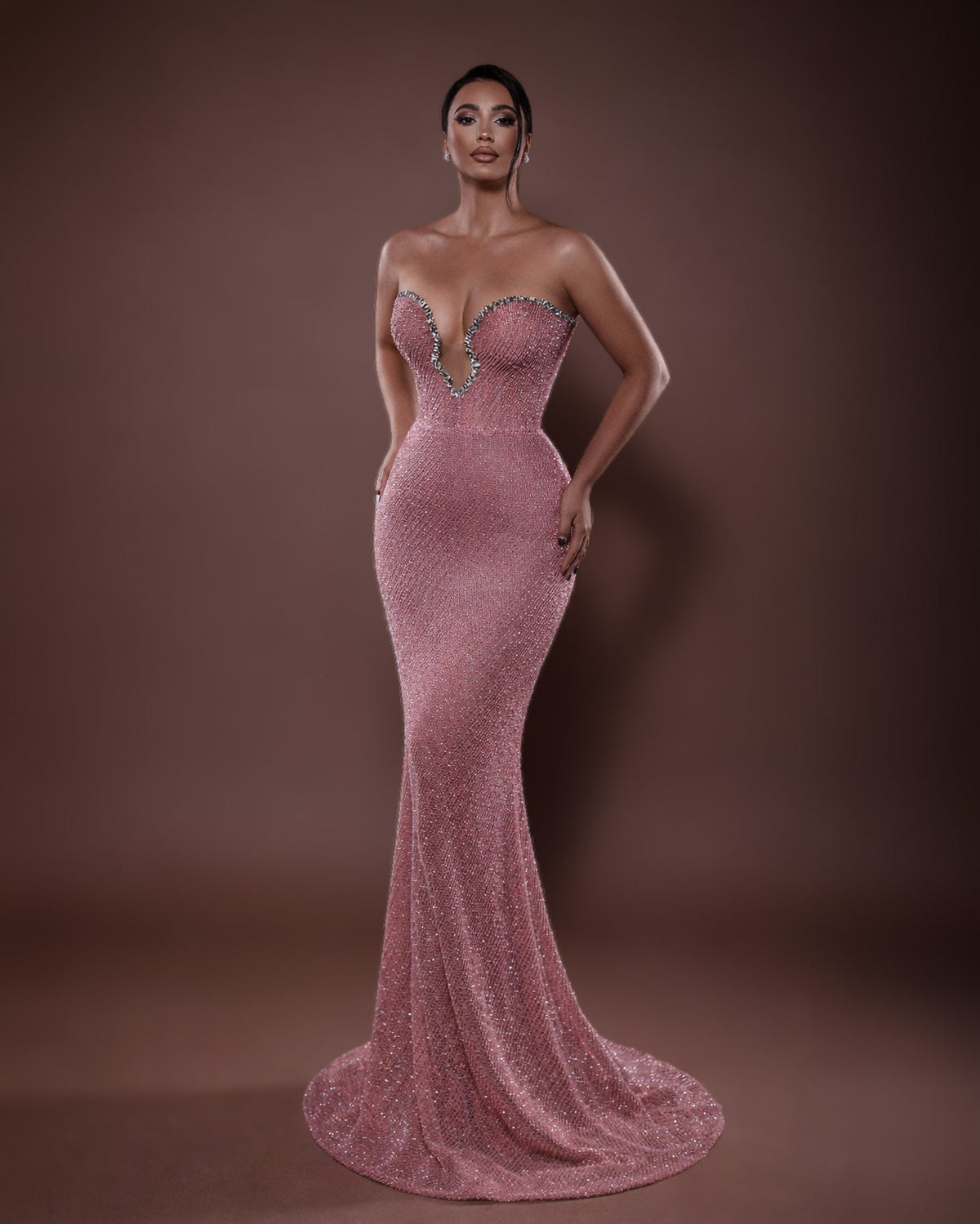 Rose Pink Strapless Beaded Column Gown - SimmiUnique