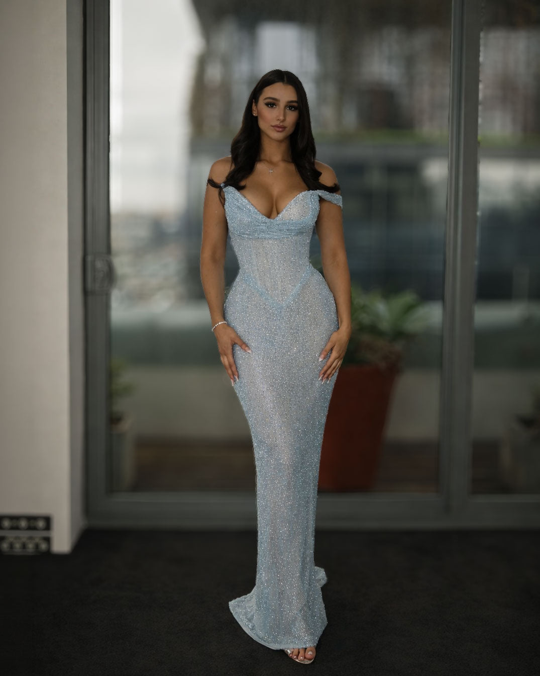 Ice Blue Crystal Corset Gown with Off-Shoulder Draped Neckline - SimmiUnique