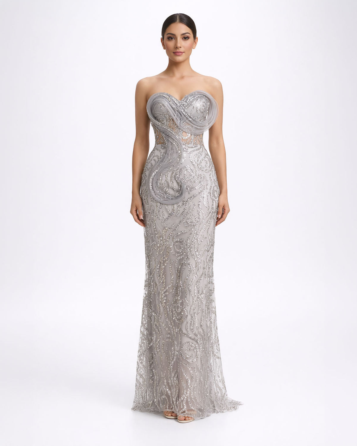 Silver Embellished Strapless Evening Gown - SimmiUnique