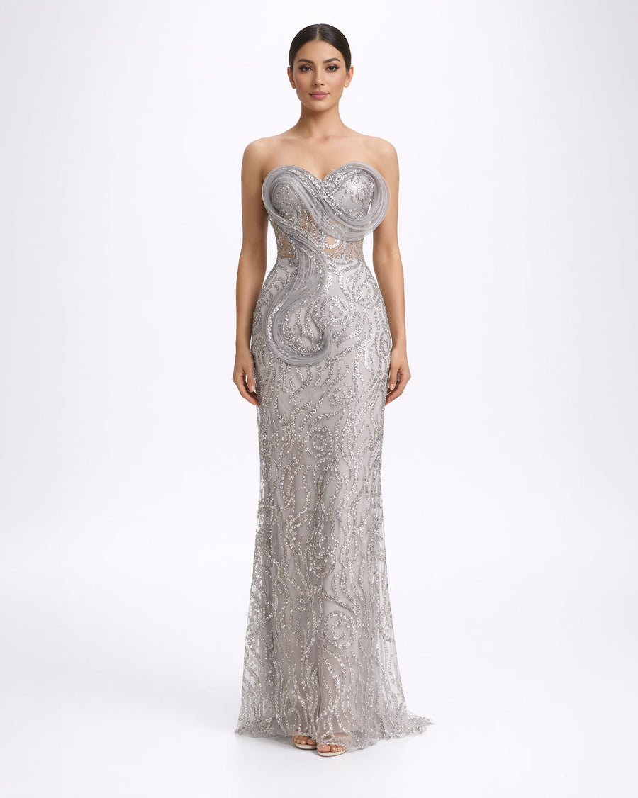 Silver Embellished Strapless Evening Gown
