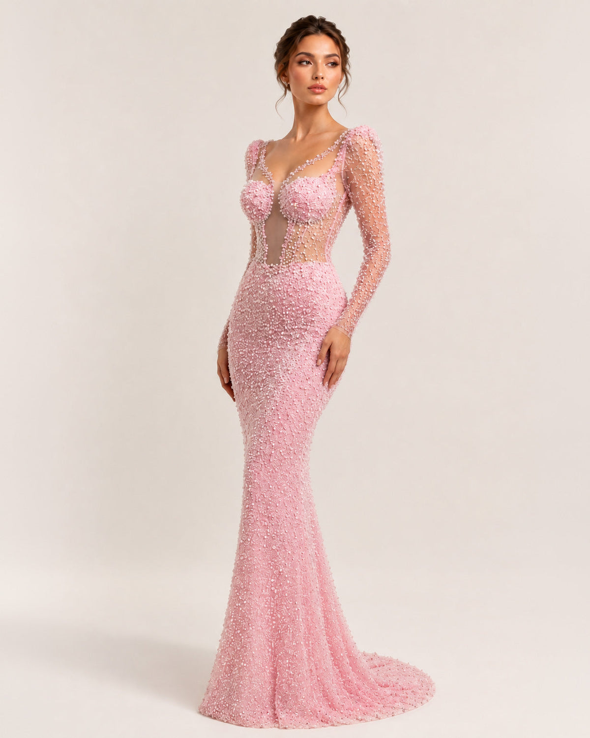 Blush Pink Long Sleeve Beaded Illusion Corset Mermaid Dress - SimmiUnique