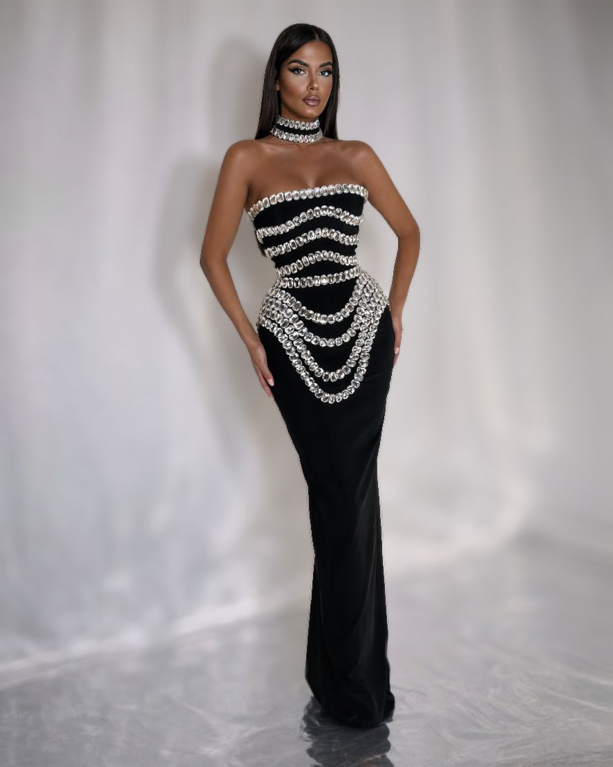 Black Crystal Corset Gown with Draped Chain Embellishments - SimmiUnique