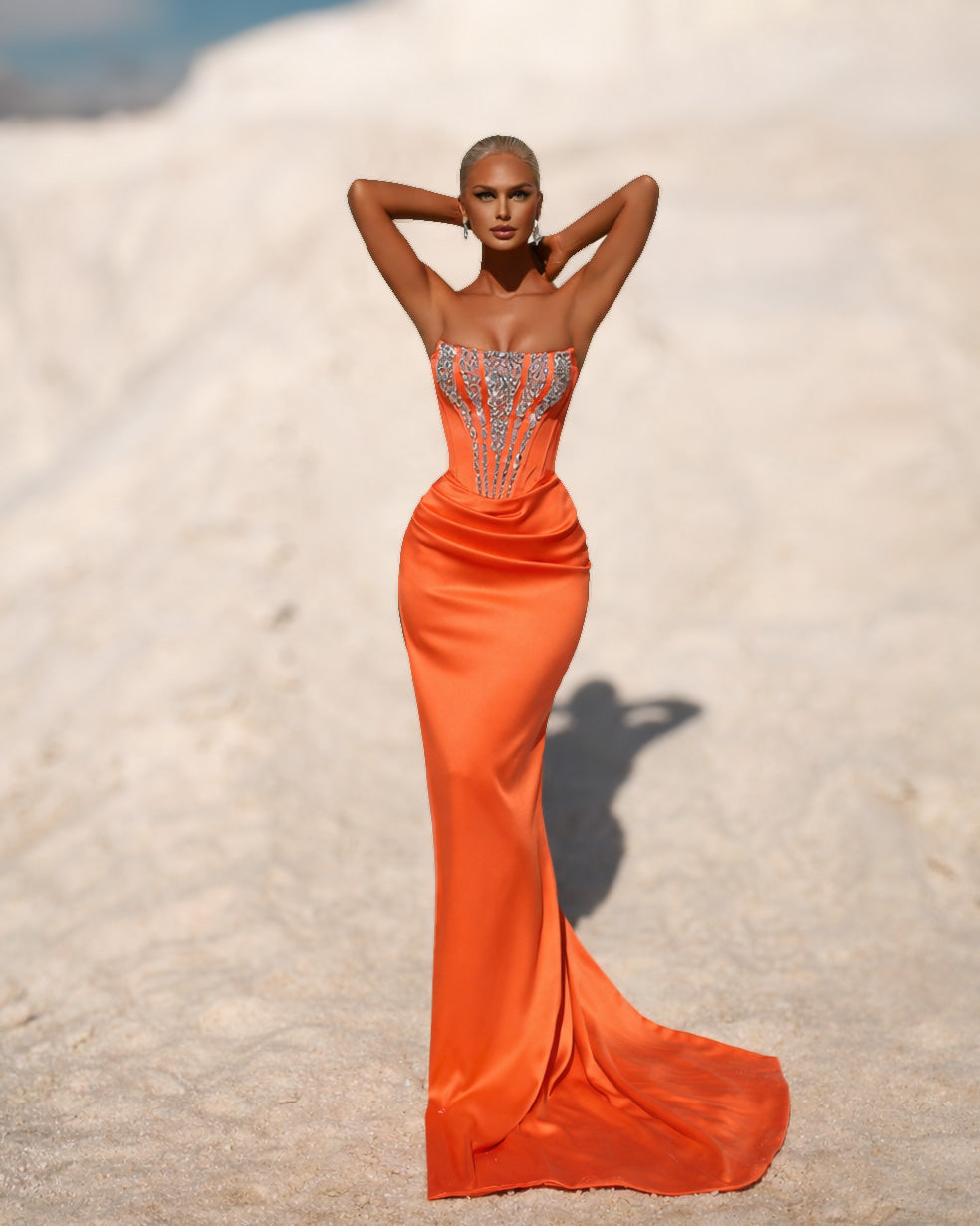 Burnt Orange Crystal Corset Gown - SimmiUnique
