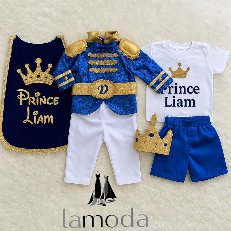 Deluxe Baby Prince Costume – Luxury Velvet Cape & Jeweled Crown Set – detail shot