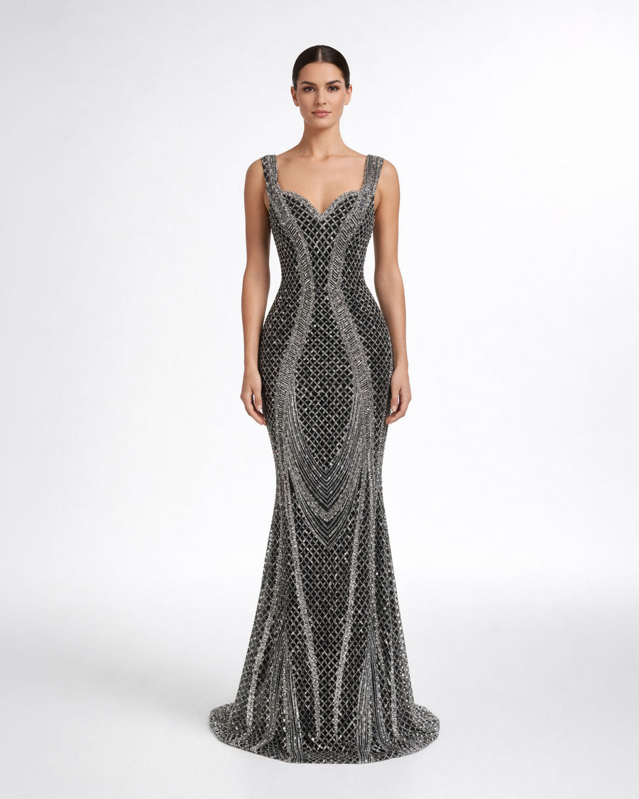 Black Silver Embellished Evening Gown