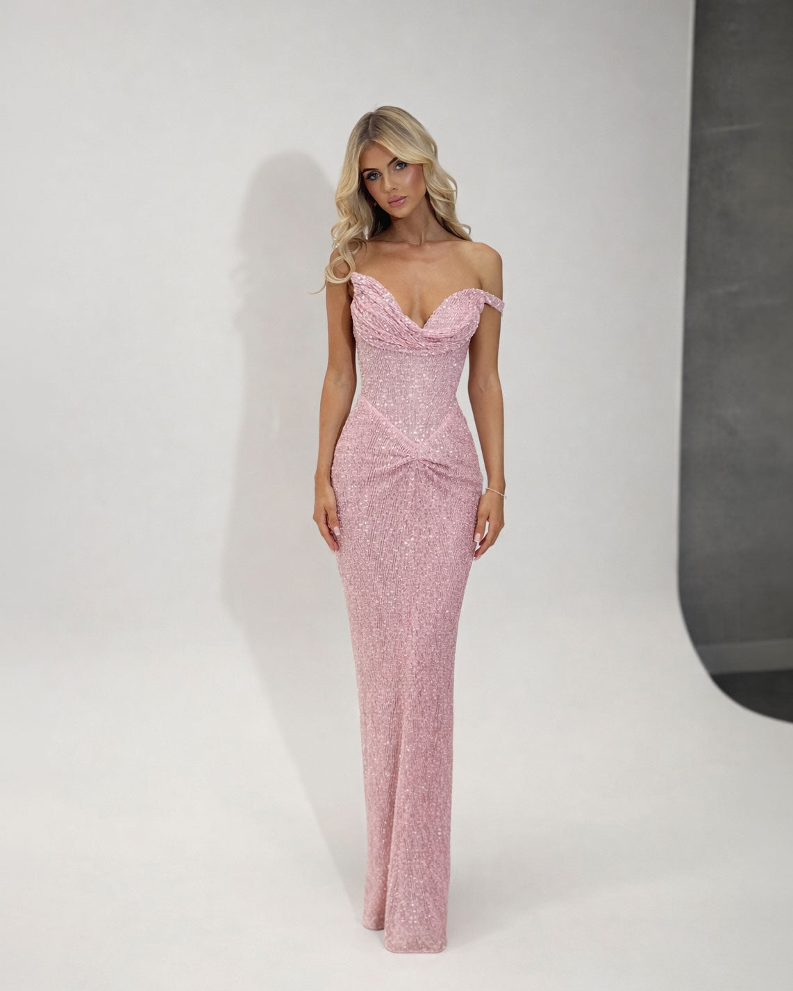 Blush Pink Off-Shoulder Embellished Evening Gown - SimmiUnique