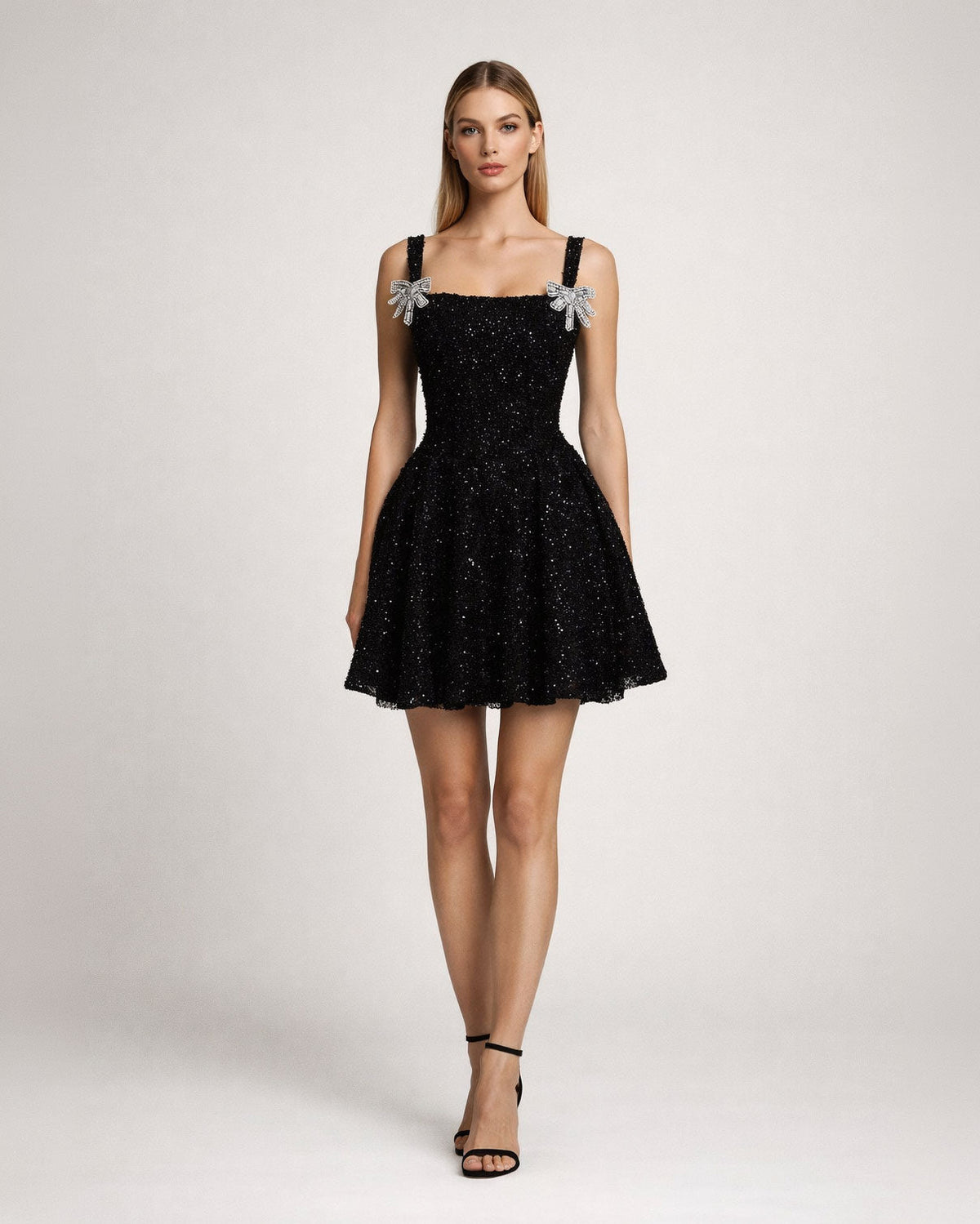 Black Embellished Bow Strap Mini Dress - SimmiUnique