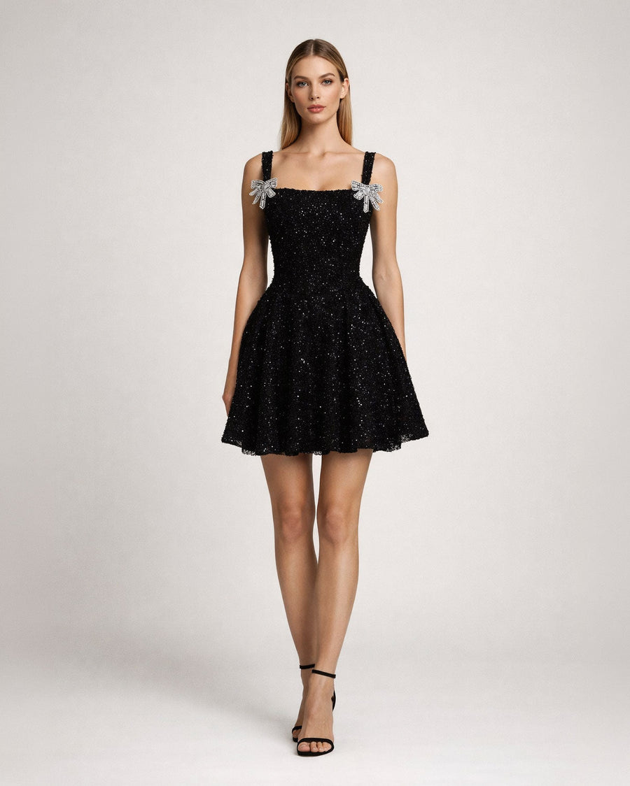 Black Embellished Bow Strap Mini Dress