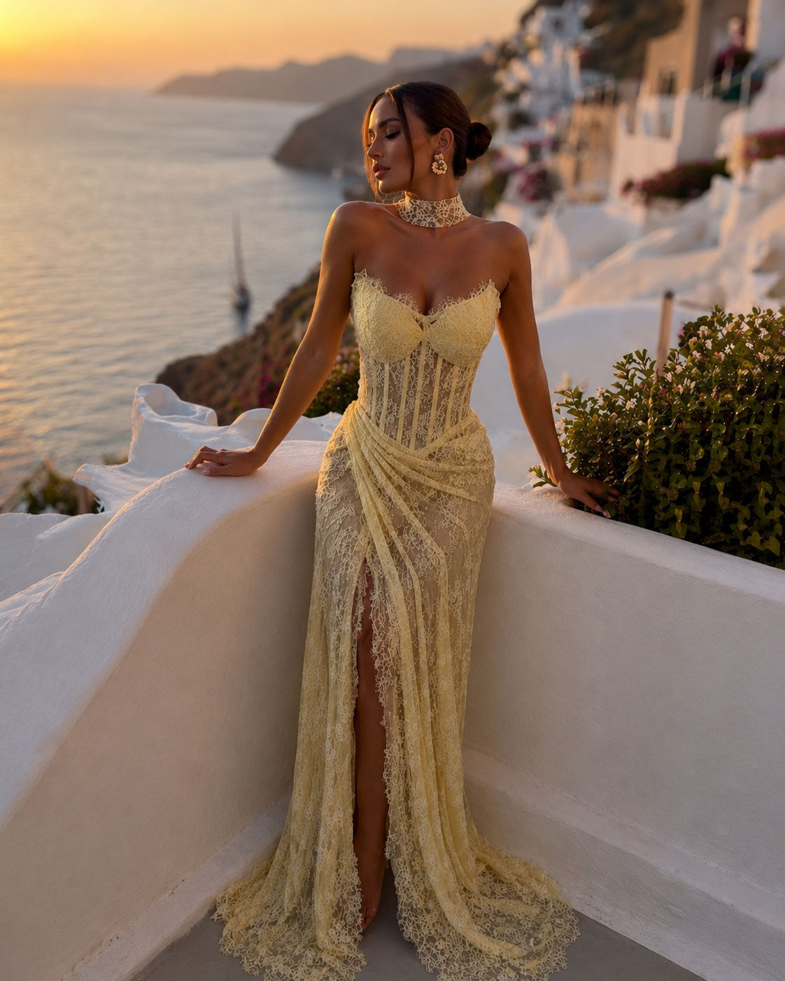 Butter Yellow Lace Corset Gown with Choker Detail - SimmiUnique