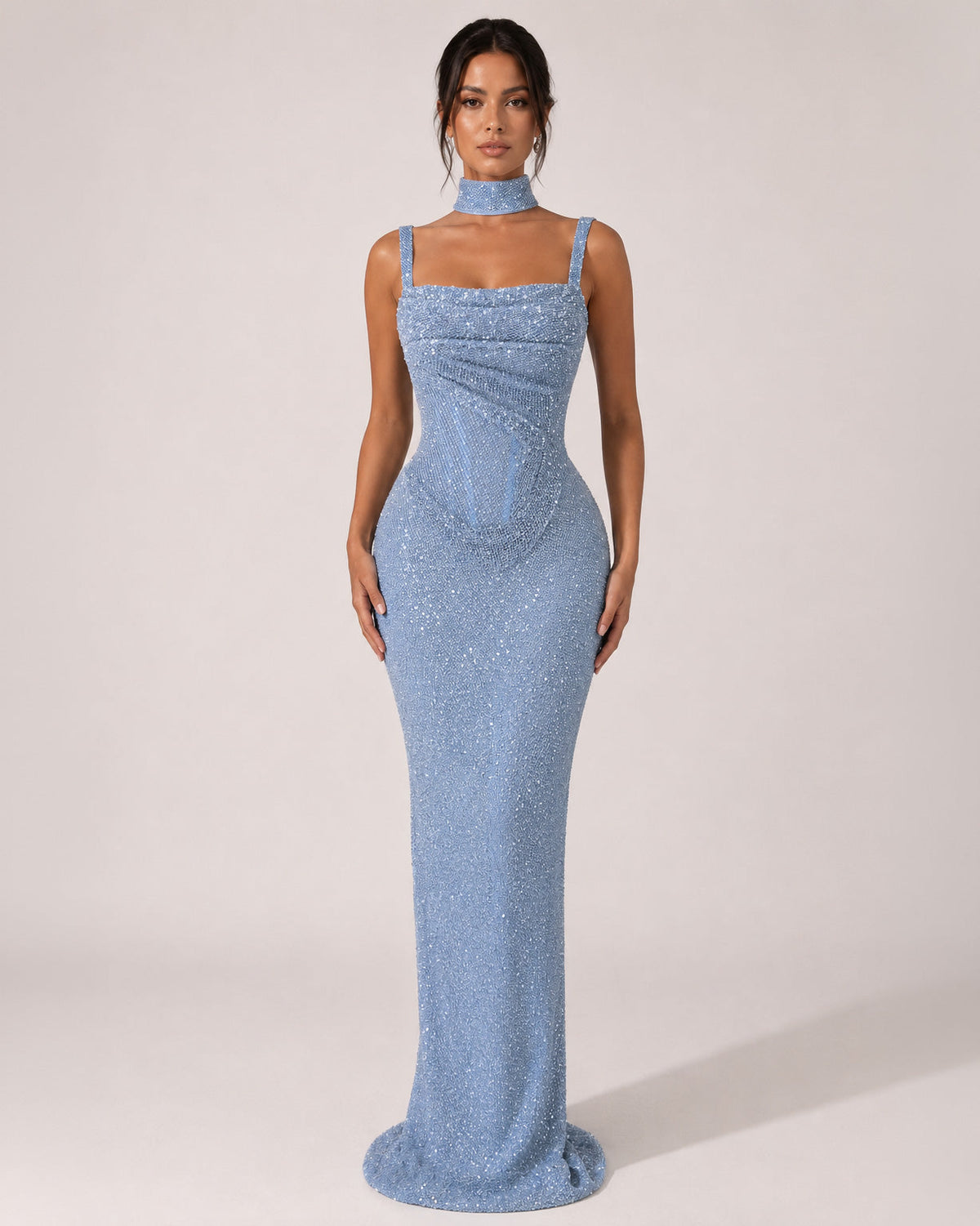 Ice Blue Sequin Square Neck Corset Prom Dress - SimmiUnique