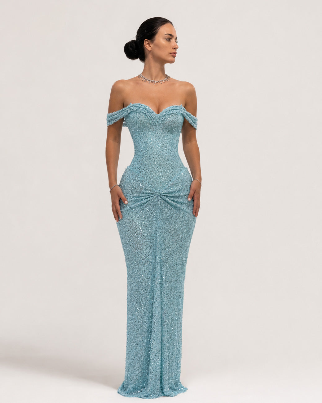 Ice Blue Sequin Off Shoulder Corset Prom Dress - SimmiUnique