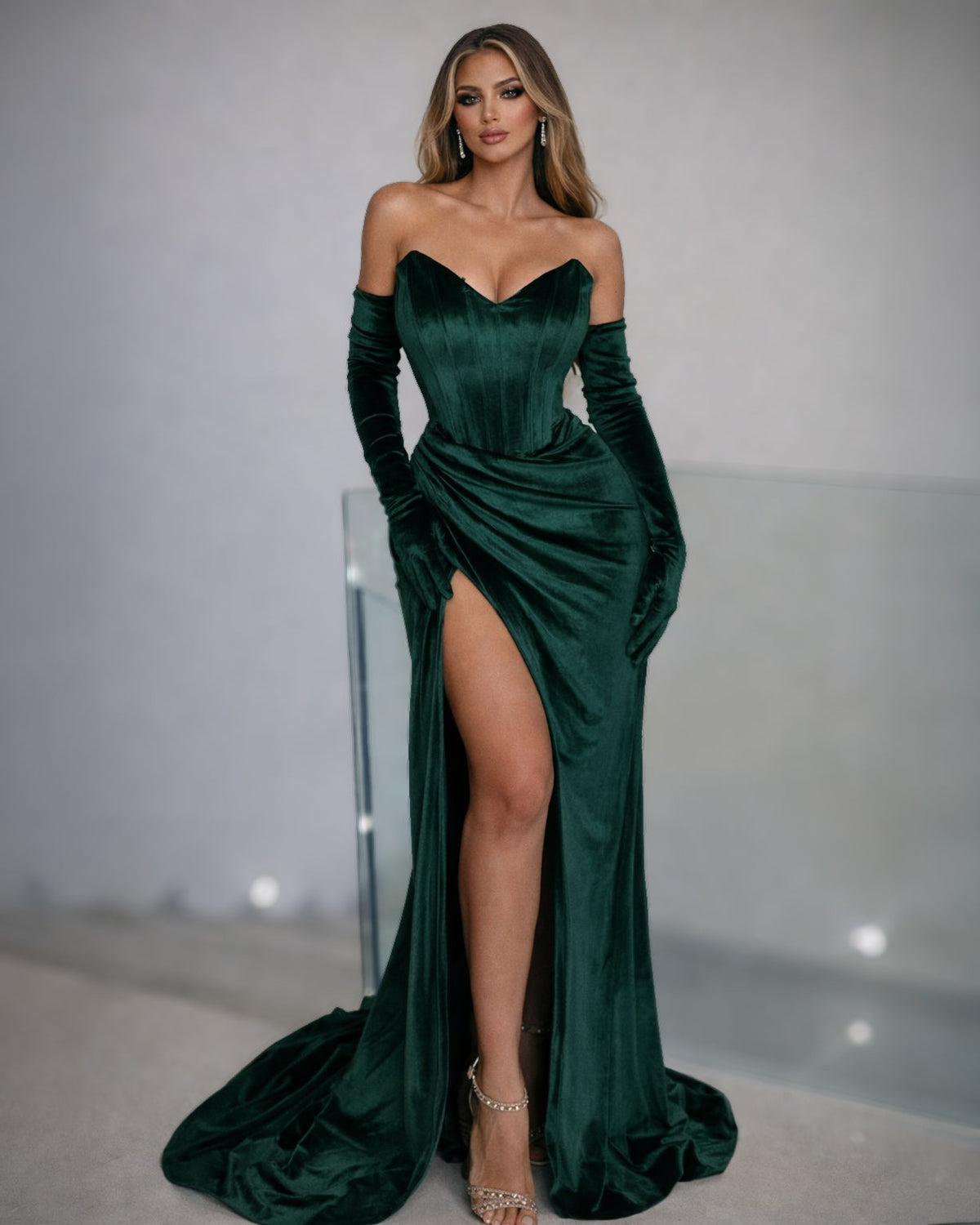 Emerald Green Velvet Corset Gown with Off-Shoulder Sleeves and High Slit - SimmiUnique