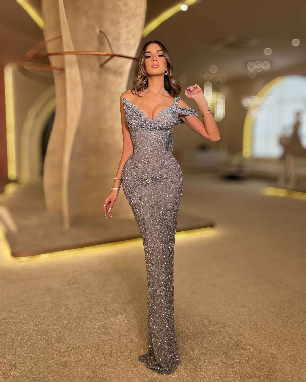 Silver Crystal Mermaid Gown with Draped Shoulder Detail - SimmiUnique