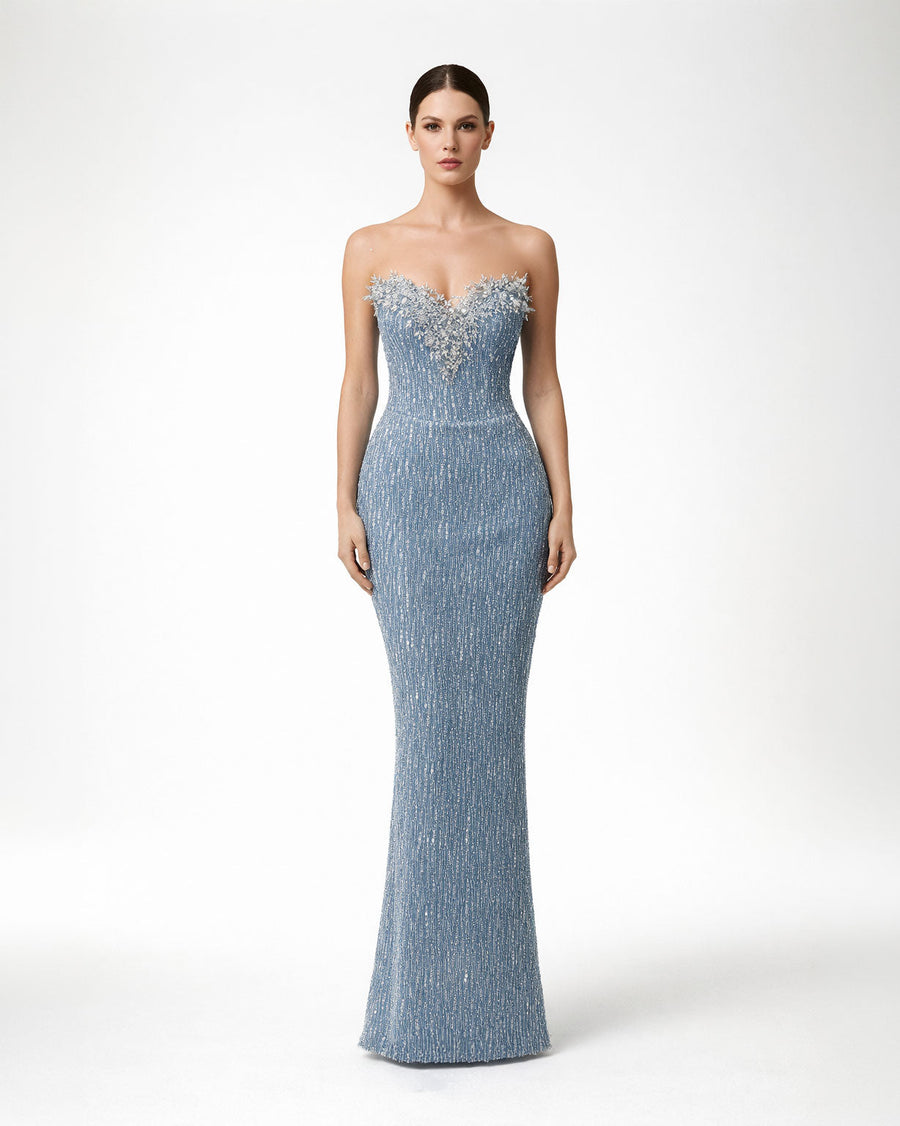 Ice Blue Strapless Embellished Evening Gown